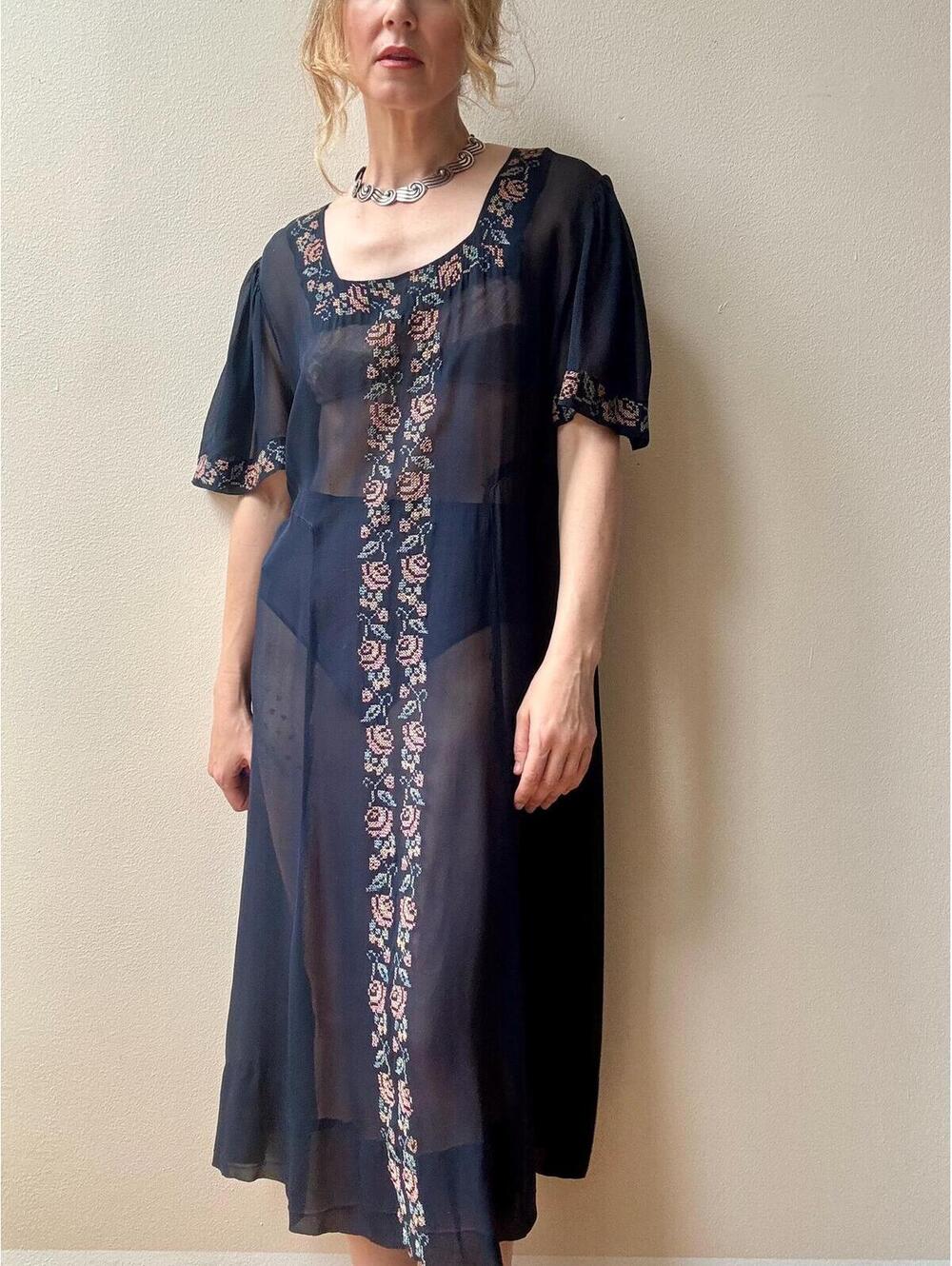 Antique Vintage 1920s Navy Sheer Silk Embroidered Dress